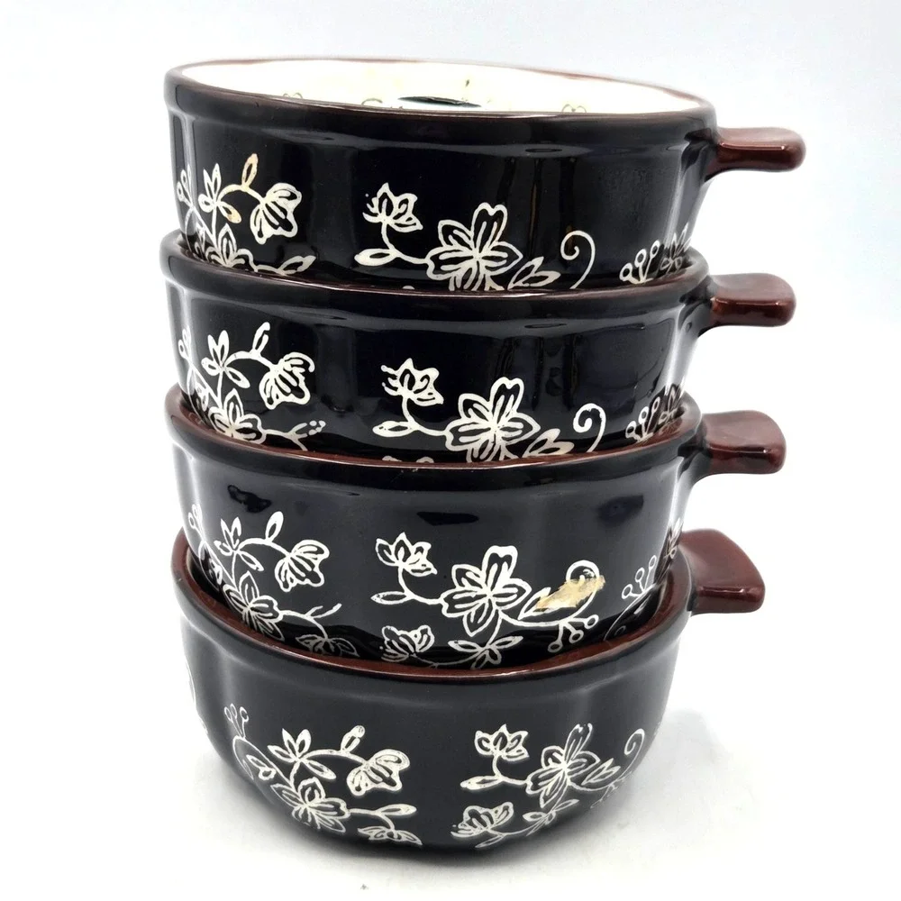 Set 4, Temp-Tations by‎ Tara Floral Lace Black Ceramic Mini Fluted Cake Pans